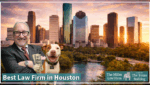 Adam H. Miller of The Miller Law Firm with his dog McLovin', Houston personal injury law firm skyline background