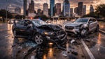 serious uber accident in downtown Houston at dusk with damaged vehicles and emergency lights
