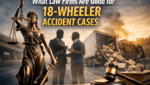 18-wheeler accident scene with lawyer and cargo spill Houston truck accident law firm