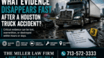 Featured image showing a Houston truck accident scene with an 18-wheeler, damaged vehicle, and evidence checklist discussing black box data, driver logs, dashcam footage, and trucking records
