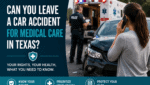 Can you leave the scene of a car accident to go to the hospital in Texas? Featured image showing a car crash, ambulance, police officer, and injured driver.