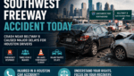 Featured image showing a serious Southwest Freeway accident near Beltway 8 in Houston with emergency responders and damaged vehicles.