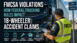 FMCSA inspector examining a commercial semi-truck during a roadside inspection to identify federal trucking safety violations.