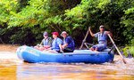 Travelers walking across the thrilling hanging bridges in the lush Heliconias Rain Forest.