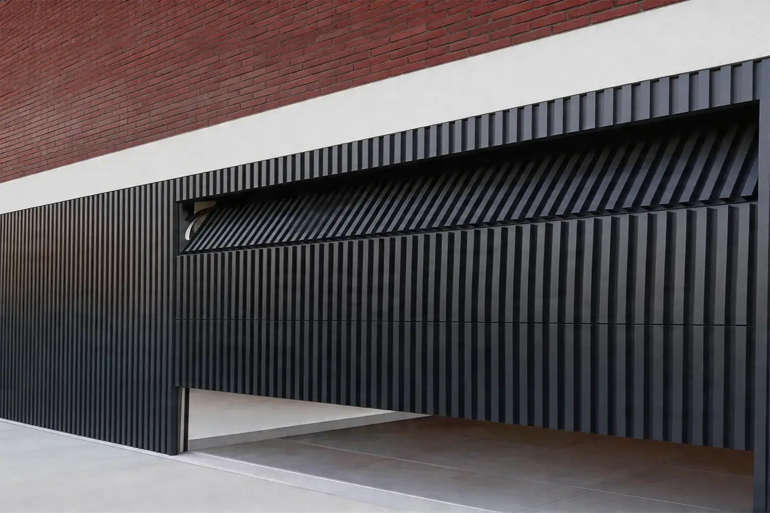 Custom architectural commercial rolling grille blending seamlessly into a modern building facade, demonstrating advanced headroom engineering. ABX OEM manufacturer provides CE/ISO certified, high-cycle security doors and custom wholesale solutions for retail and commercial projects.