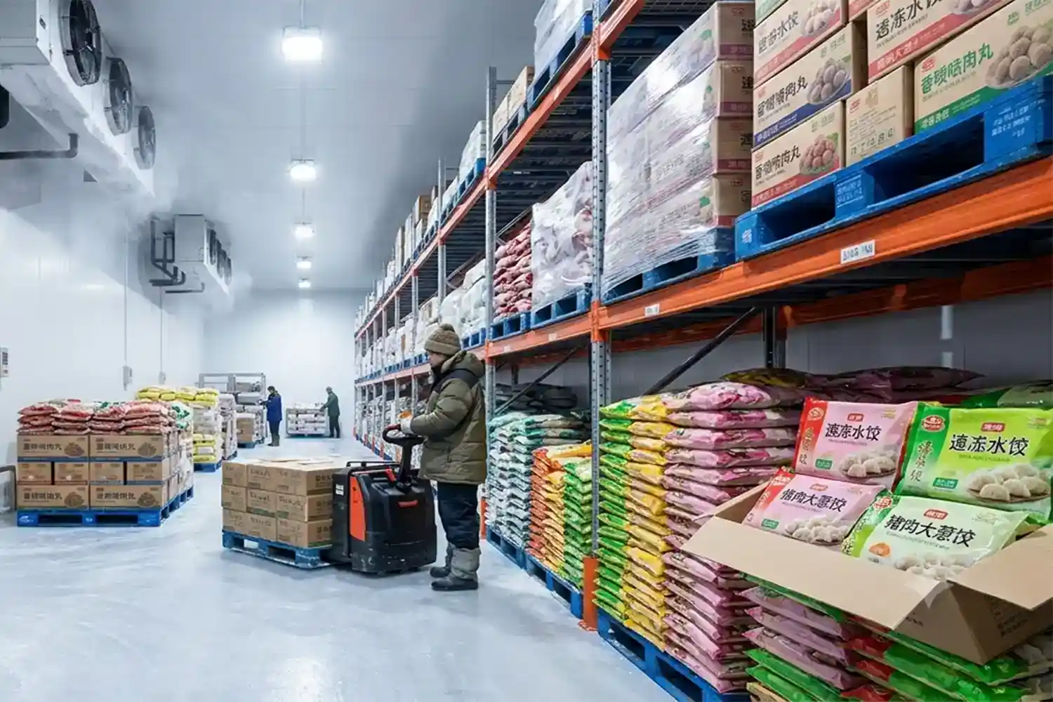 Workers handling perishable goods inside a cold chain logistics warehouse, where ABX inflatable dock seals are utilized to maintain strict temperature integrity and reduce HVAC energy consumption.