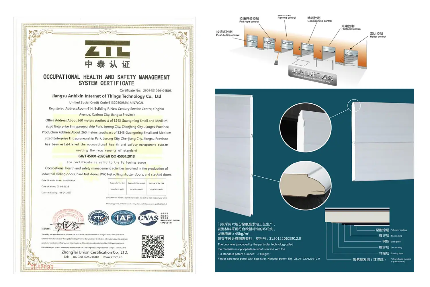 Official ISO 45001 safety certificate alongside a technical cross-section of a commercial sectional door panel, detailing the patented anti-pinch joint design and high-density PU foam core for B2B project suppliers.