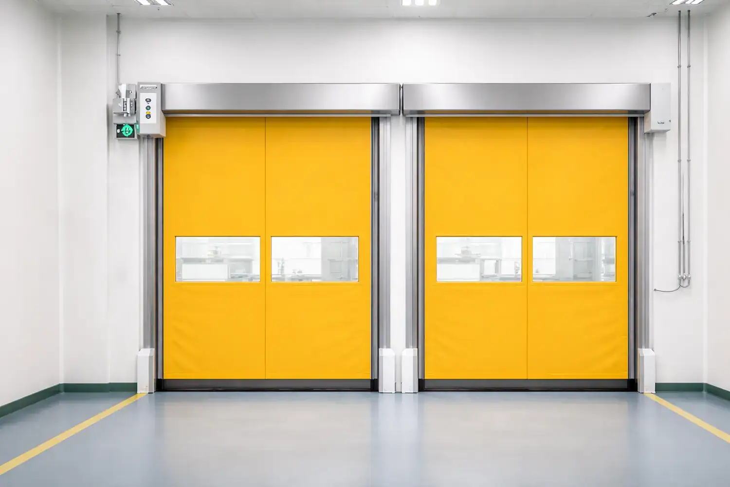Dual installation of zipper structure high speed doors acting as an efficient airlock system for high-traffic logistics in a controlled manufacturing environment.