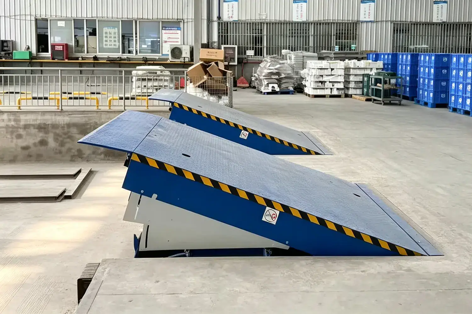 Heavy-Duty Hydraulic Dock Levelers Installed in a Modern Industrial Warehouse Loading Bay