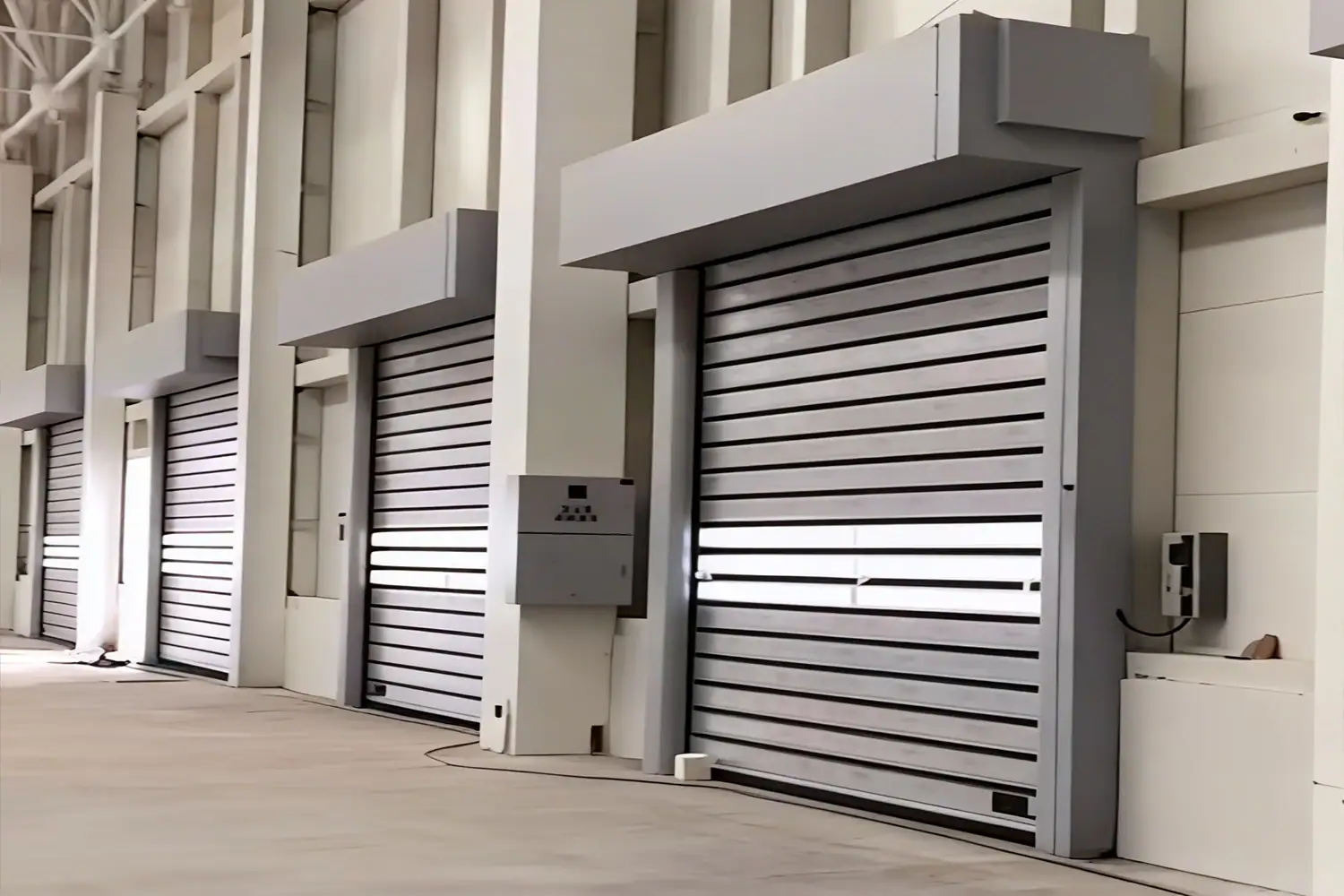 Multiple heavy-duty insulated interior doors installed in a modern manufacturing facility. ABX OEM manufacturer provides CE/ISO certified high-speed spiral doors with 43mm PU sandwich panels, ensuring strict thermal separation and HVAC efficiency for wholesale industrial projects.