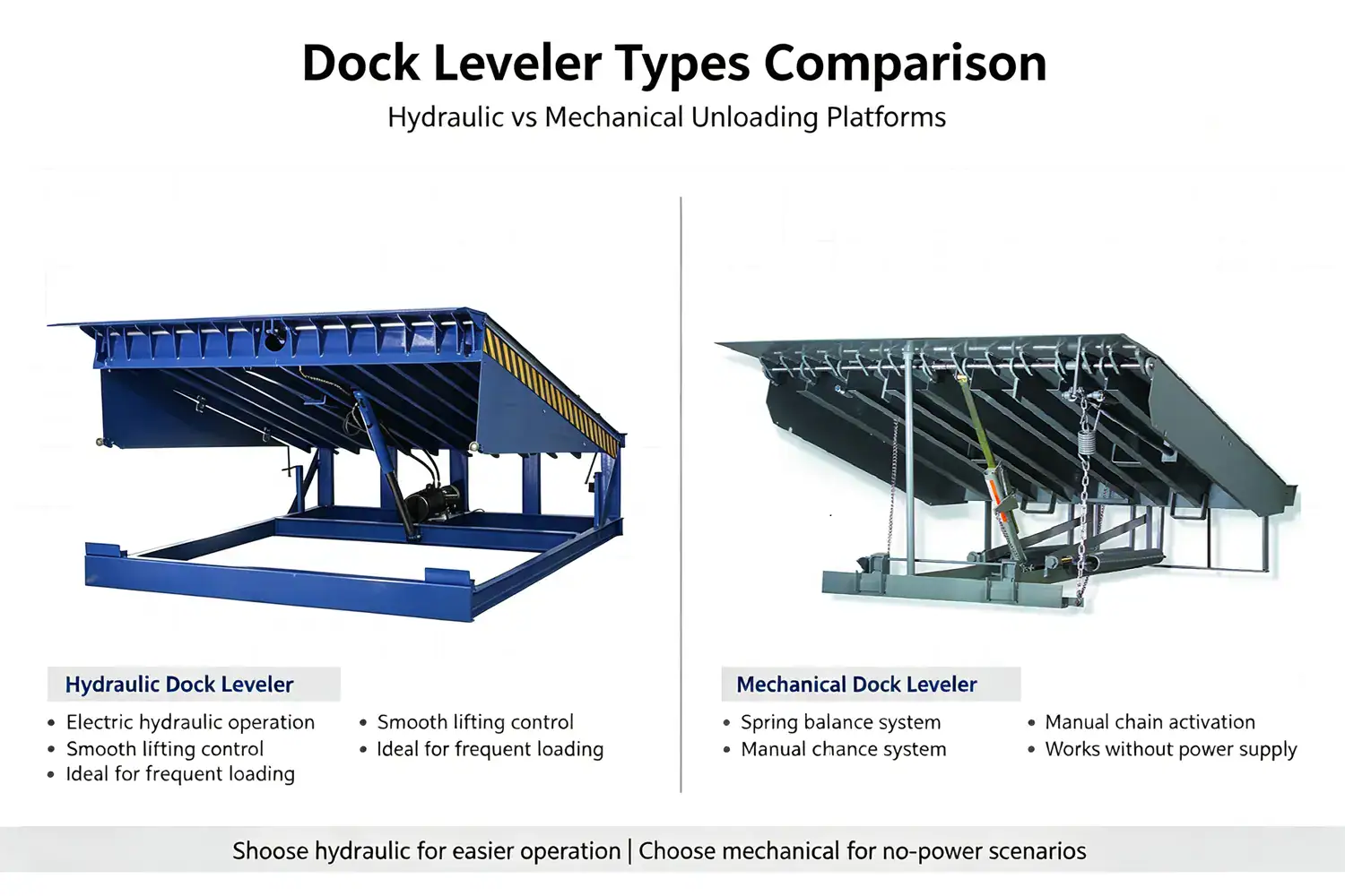 Side-by-side comparison of hydraulic vs mechanical dock leveler types, highlighting electric hydraulic operation for high-traffic logistics hubs versus manual spring systems.