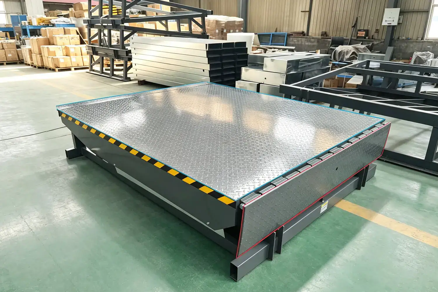 Heavy-duty hydraulic dock leveler with diamond tread steel platform and safety stripes assembled inside an industrial manufacturing facility.
