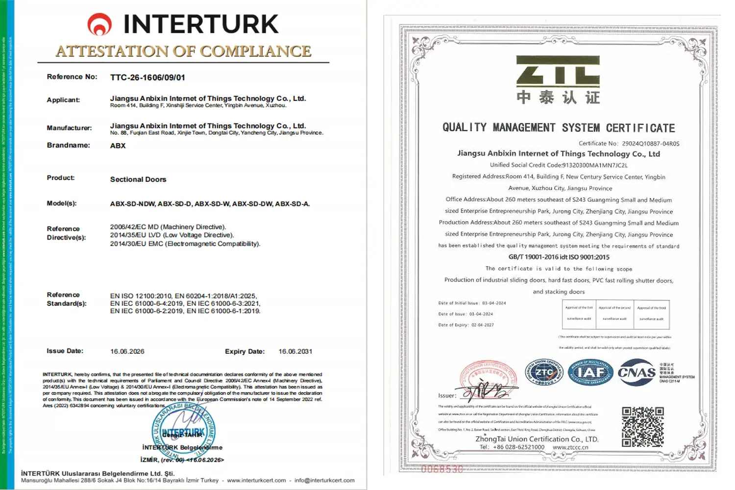 Official CE compliance attestation and ISO 9001:2015 quality management system certificates for ABX industrial sectional doors, verifying international manufacturing and safety standards for OEM suppliers.