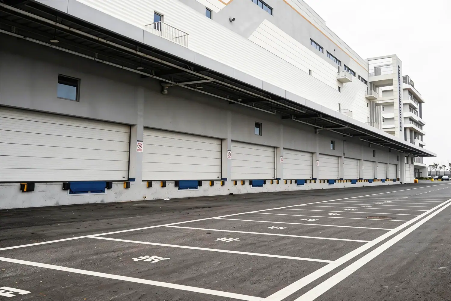 Exterior view of a massive modern logistics center featuring a continuous row of heavy-duty industrial sectional doors and blue dock levelers, demonstrating the high-volume manufacturing and delivery capacity required for mega projects.