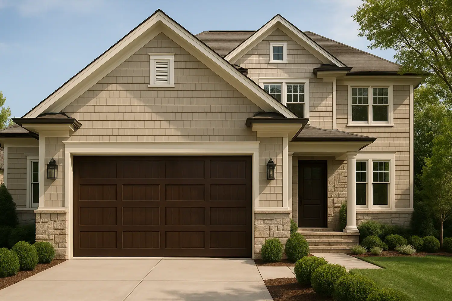 A premium development project featuring ABX heavy-duty steel sectional doors that look like dark wood, showcasing a unified custom facade where the sectional and front doors perfectly match.