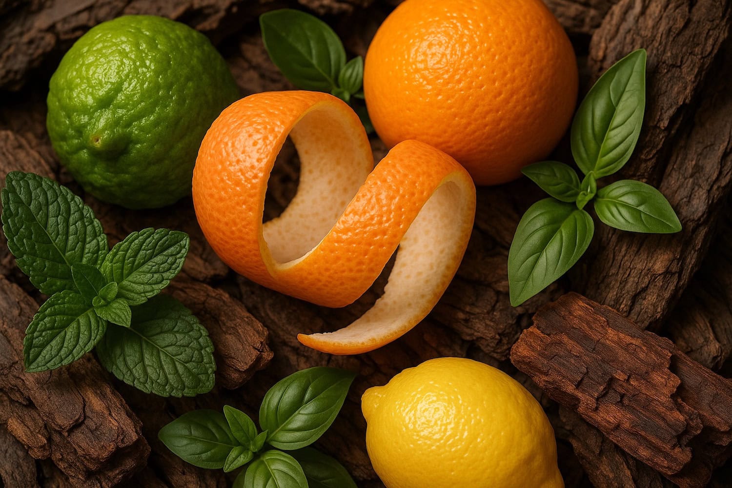 grapefruit peel between citrus and herbs and wood