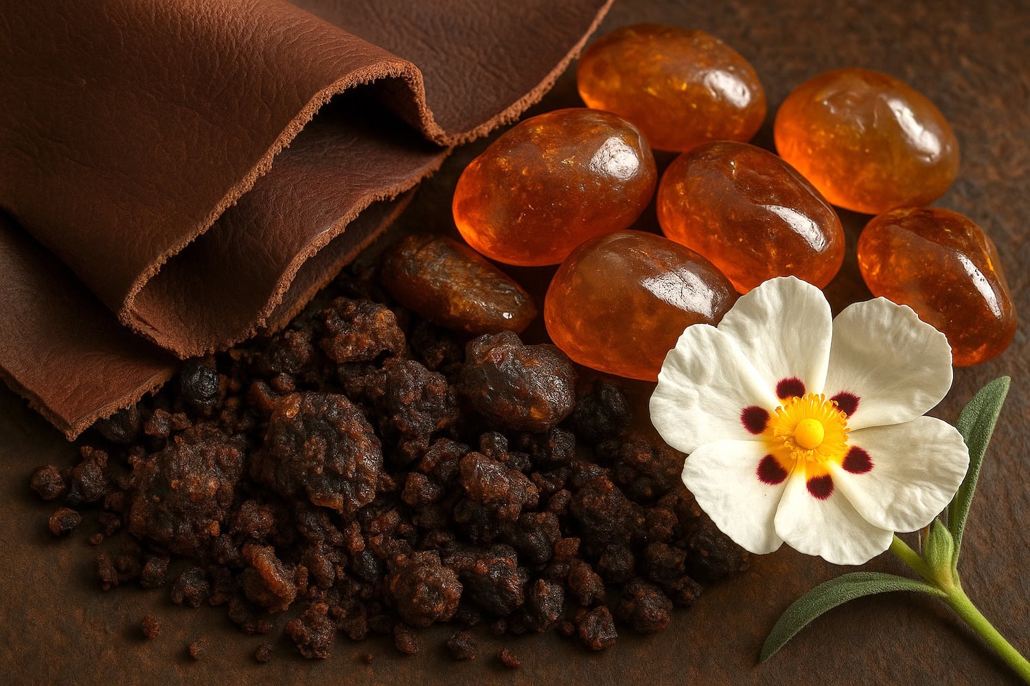 labdanum and raw leather and resins