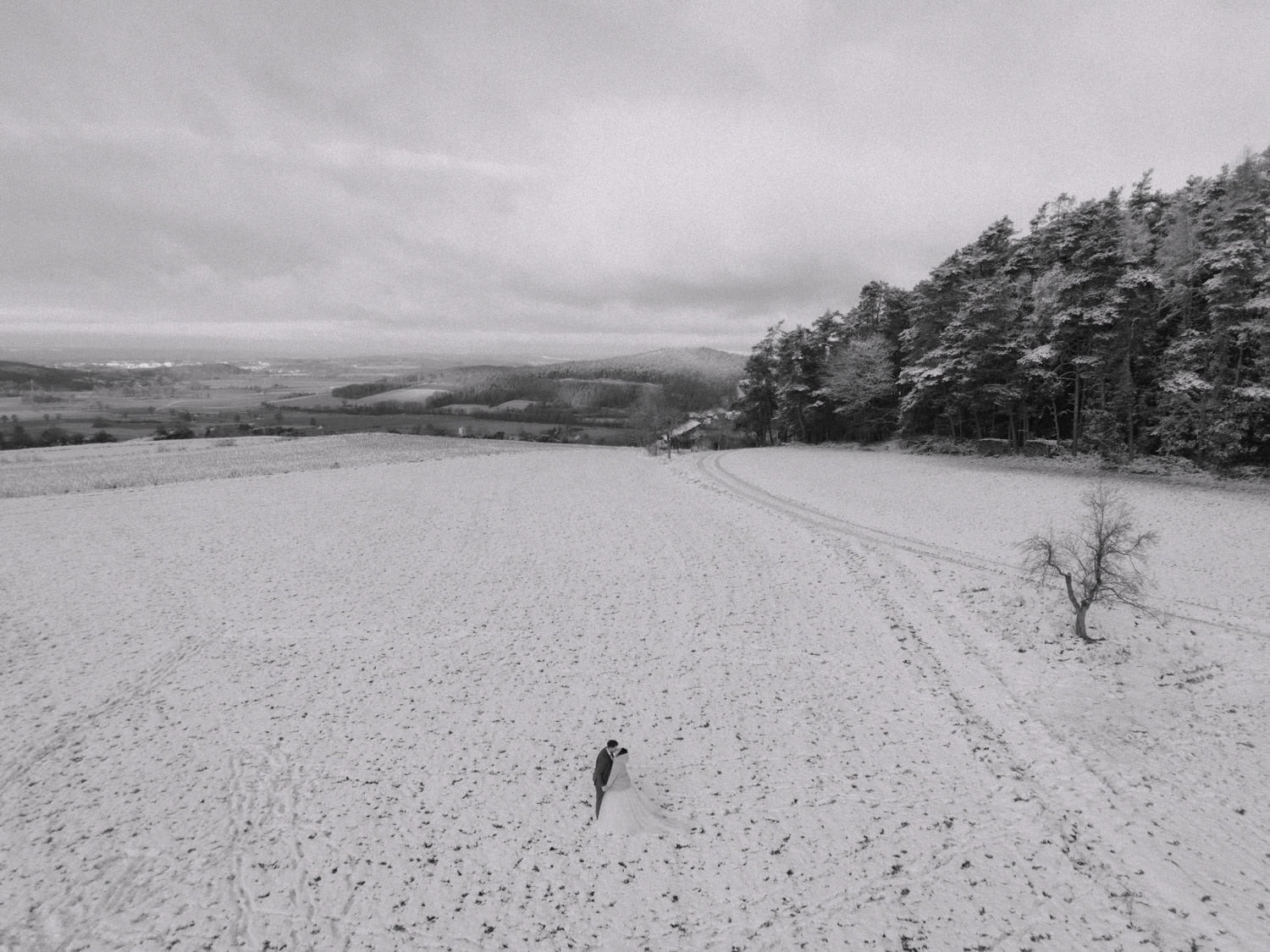 Eine einsame Gestalt geht über ein weites, schneebedecktes Feld in der Nähe von Hammerschloss und hinterlässt dabei Spuren. Die Landschaft wird auf der rechten Seite von einem dichten Wald begrenzt, in der Ferne sind sanfte Hügel unter einem bewölkten Himmel zu erkennen.
