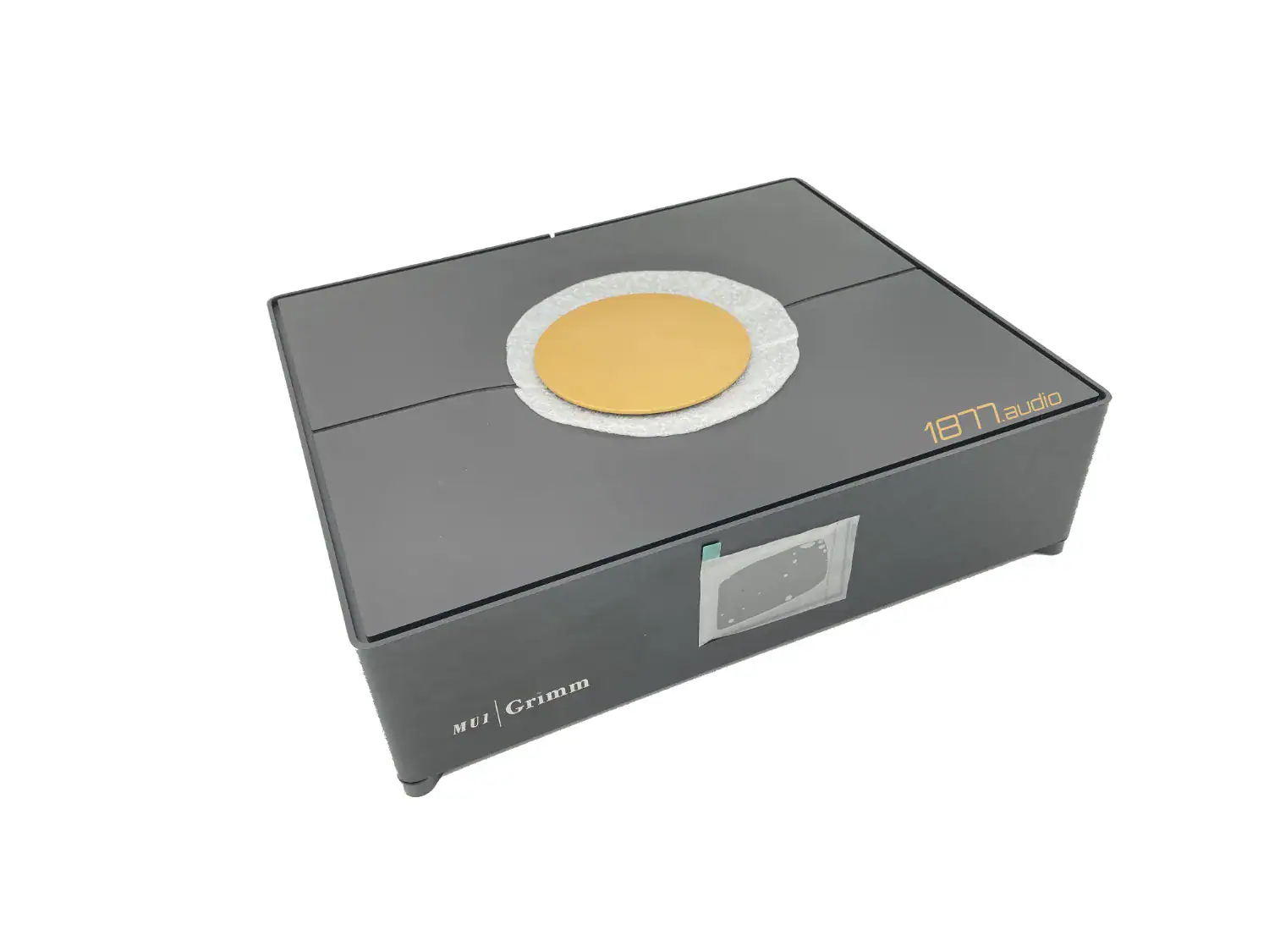 Grimm Audio MU1 sorti de son carton avec les protections d'écran et de disque de commande doré