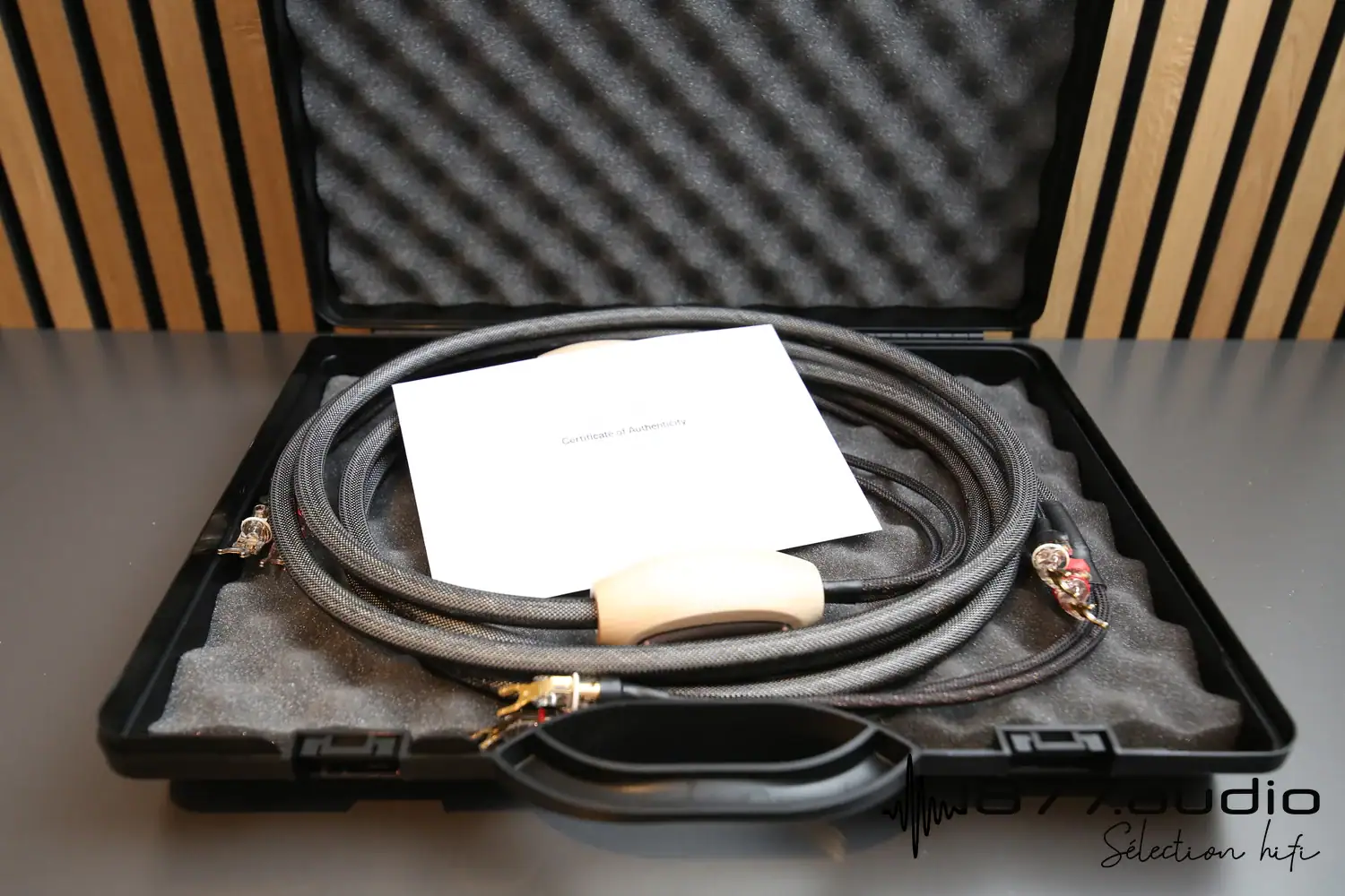 Jorma Unity câble haut-parleur : zoom sur l'intérieur de la mallette avec le câble et enveloppe contenant le certificat d'authenticité