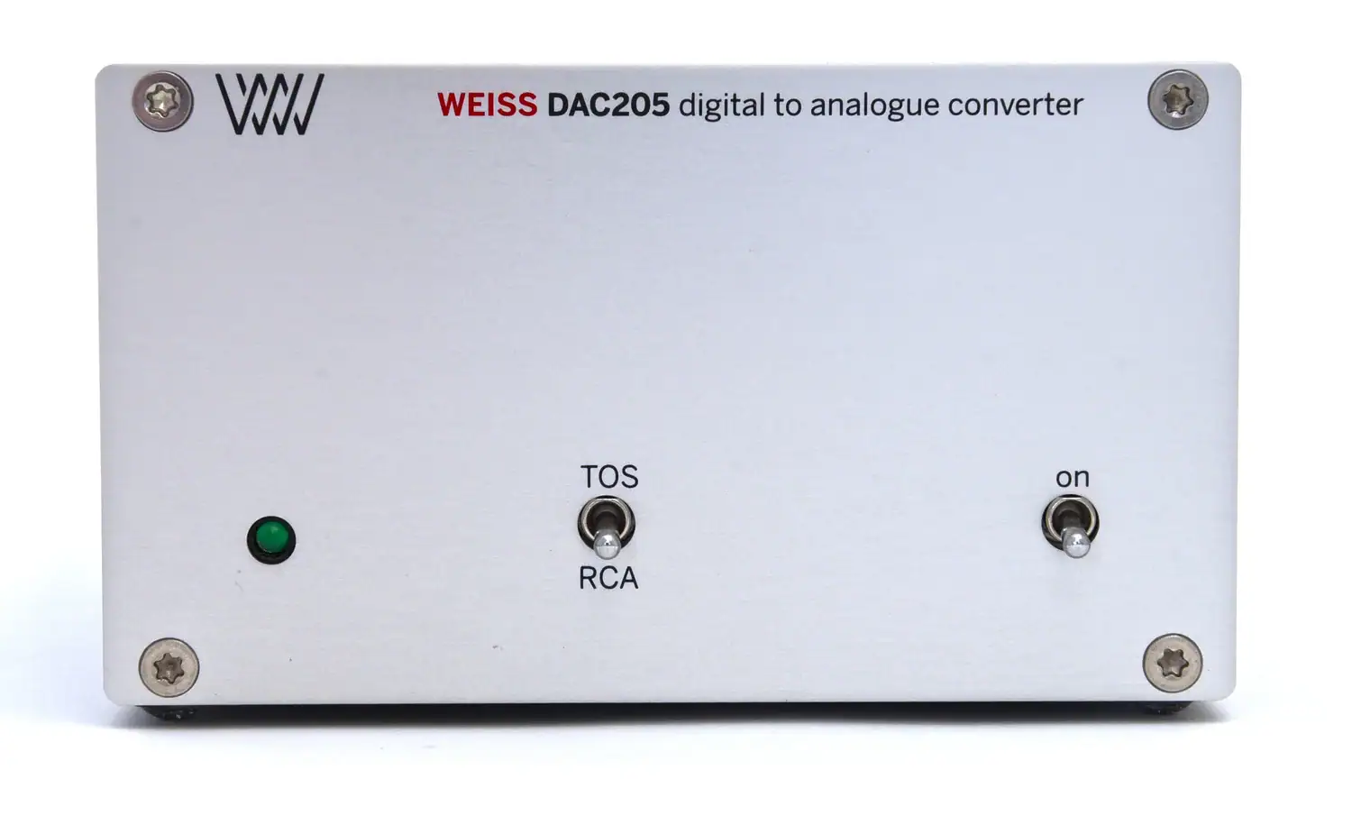 Weiss DAC205 zoom sur la face avant avec boutons et voyant