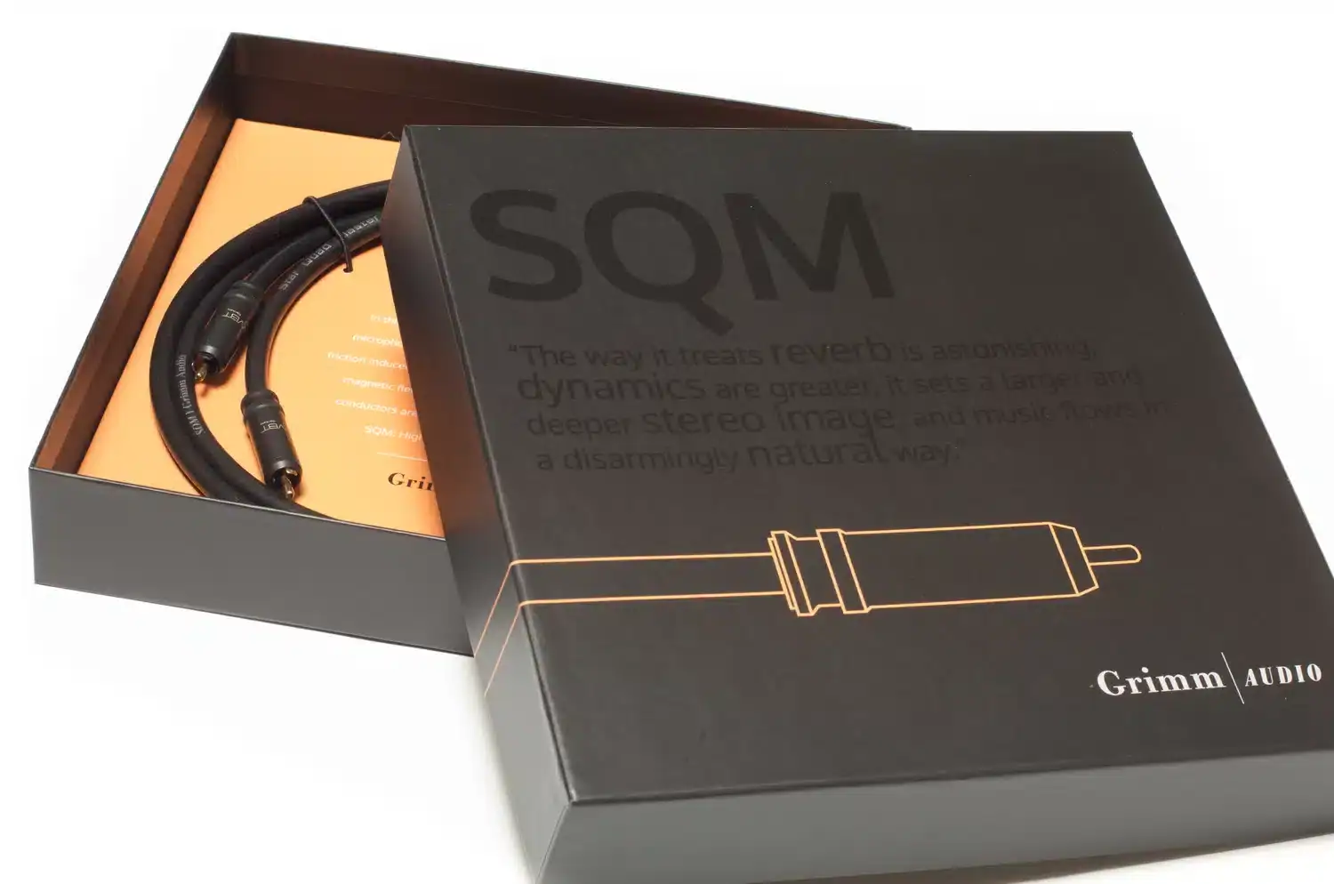 Grimm Audio câble modulation RCA SQM dans sa boite partiellement ouverte