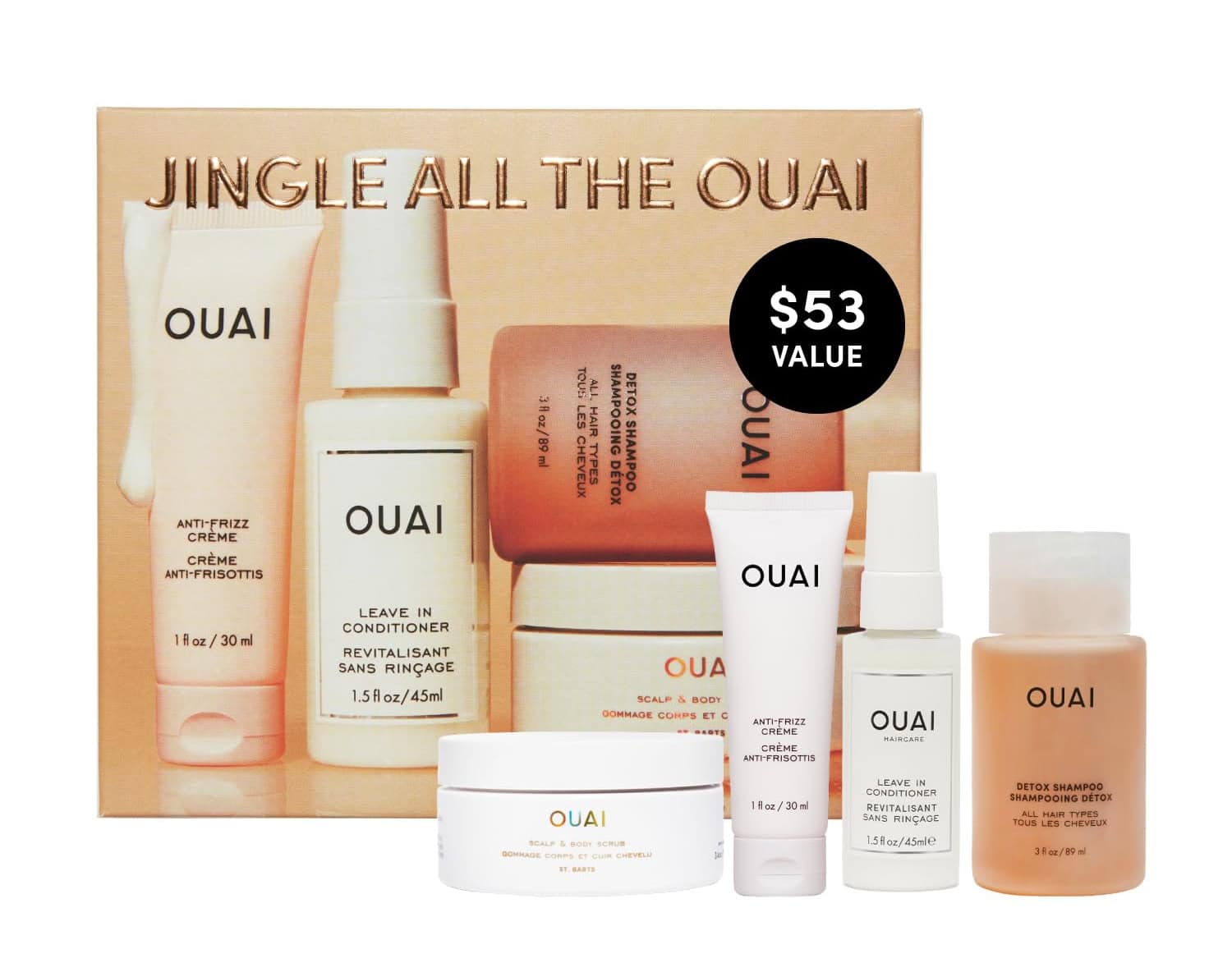 OUAI Jingle All The OUAI travel-size gift set featuring Detox Shampoo, Anti-Frizz Cream, Leave In Conditioner, and Scalp & Body Scrub.