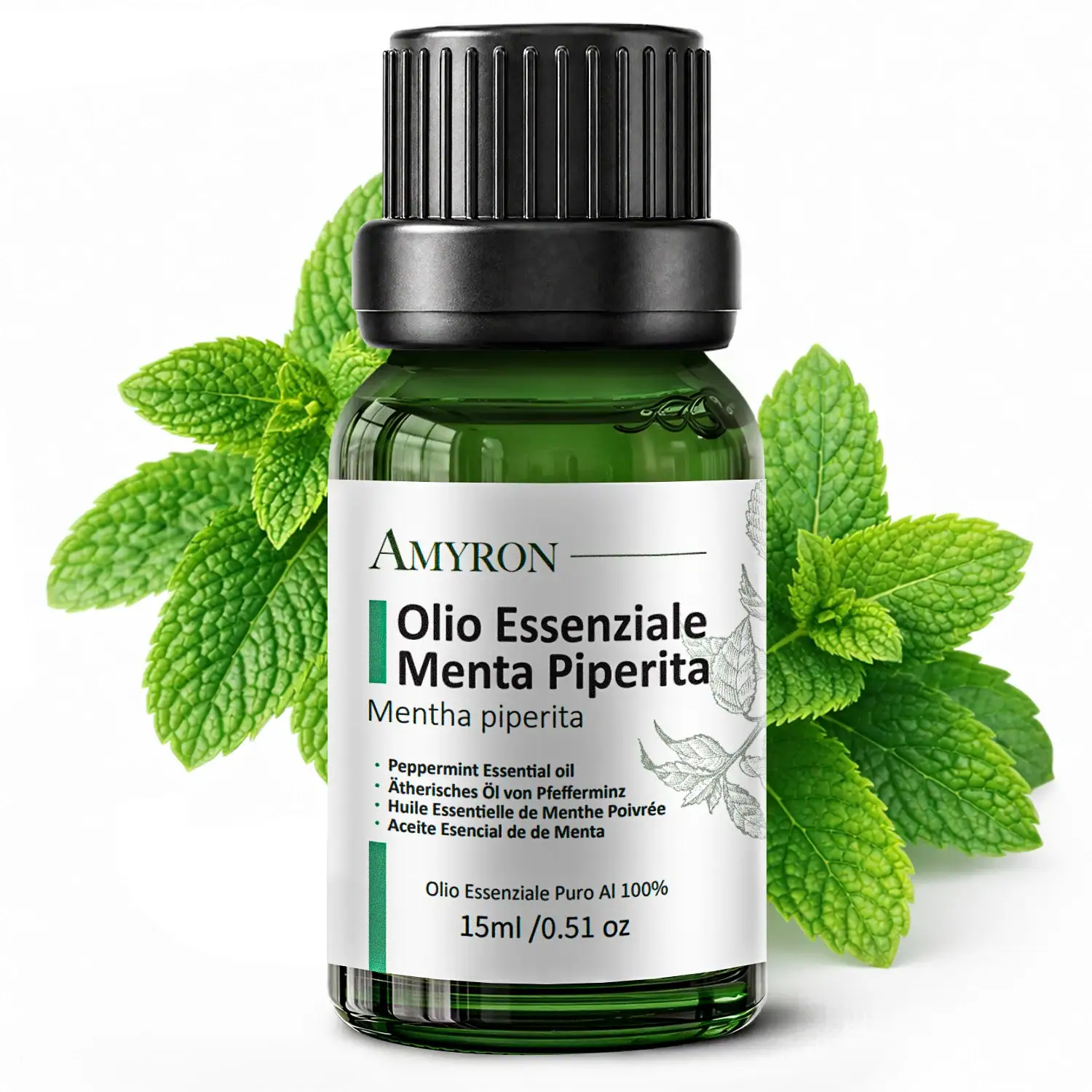 Olio essenziale di Menta Piperita AMYRON puro da 15 ml con foglie fresche di menta