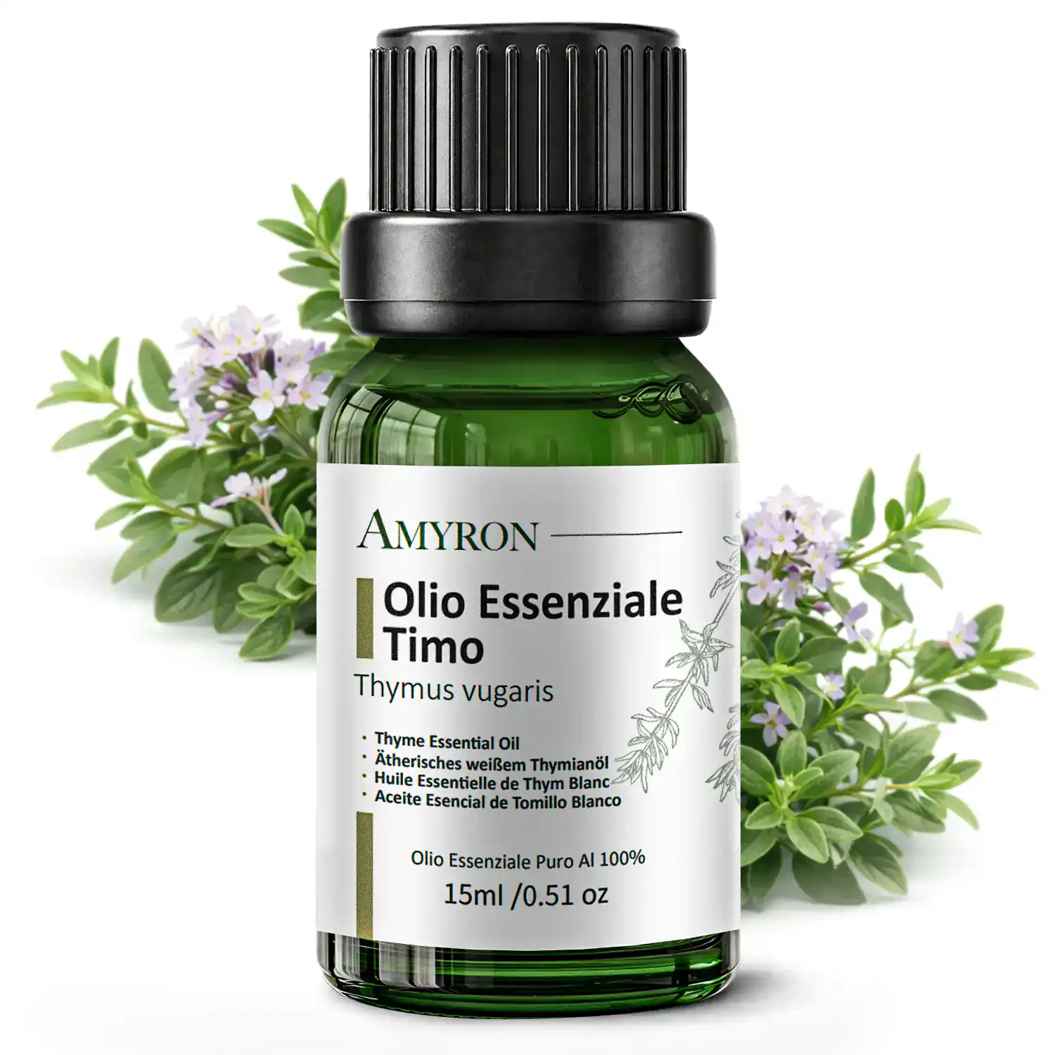 Olio essenziale di timo AMYRON con scatola e flacone 15 ml tra piante di Thymus vulgaris in ambiente naturale