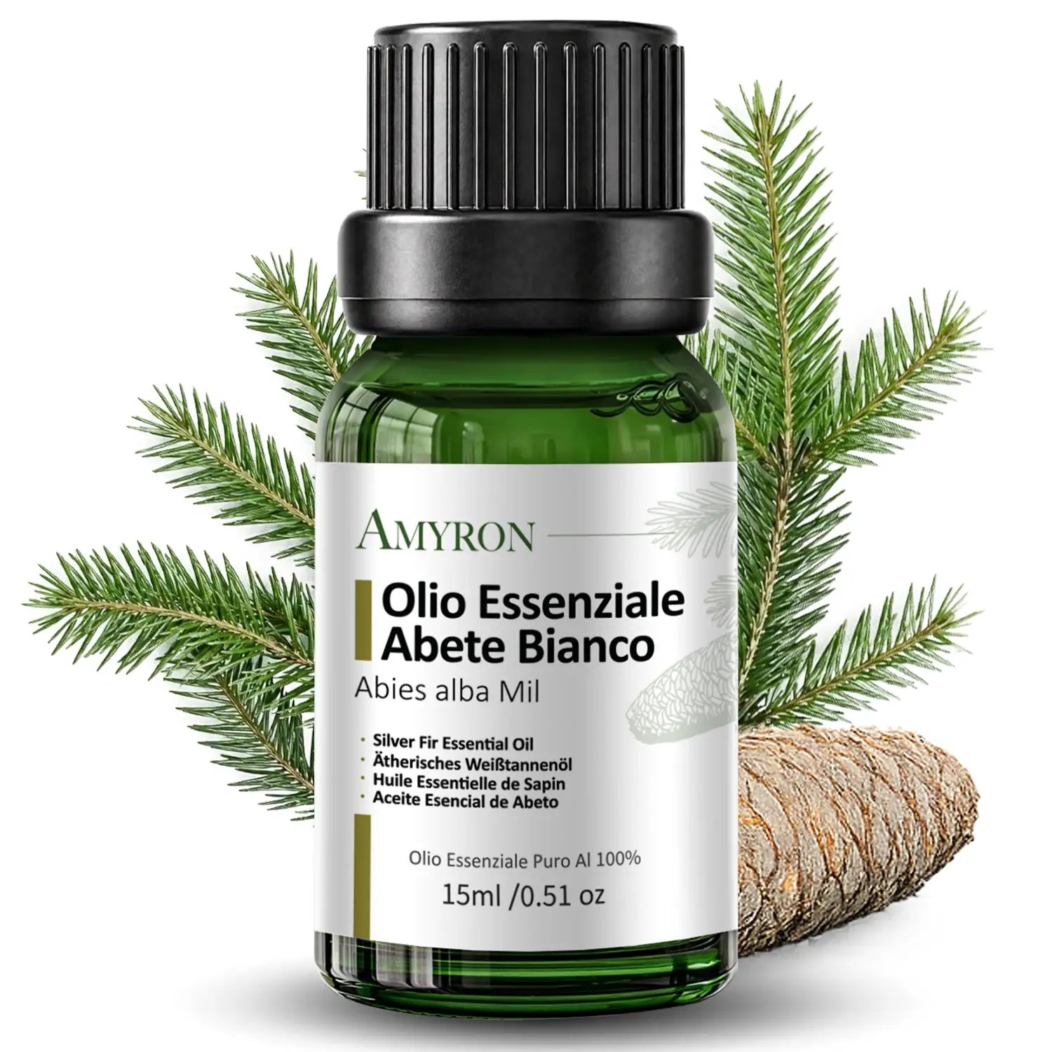 Flacone di olio essenziale di abete bianco AMYRON da 15 ml con rami e pigna su sfondo bianco.