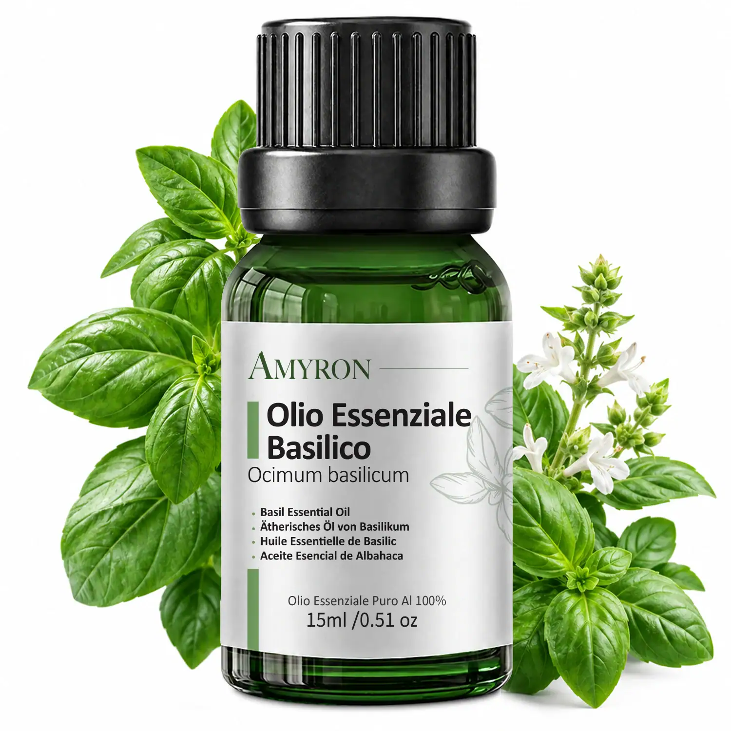 Flacone di olio essenziale di basilico AMYRON da 15 ml con foglie verdi e fiori bianchi.