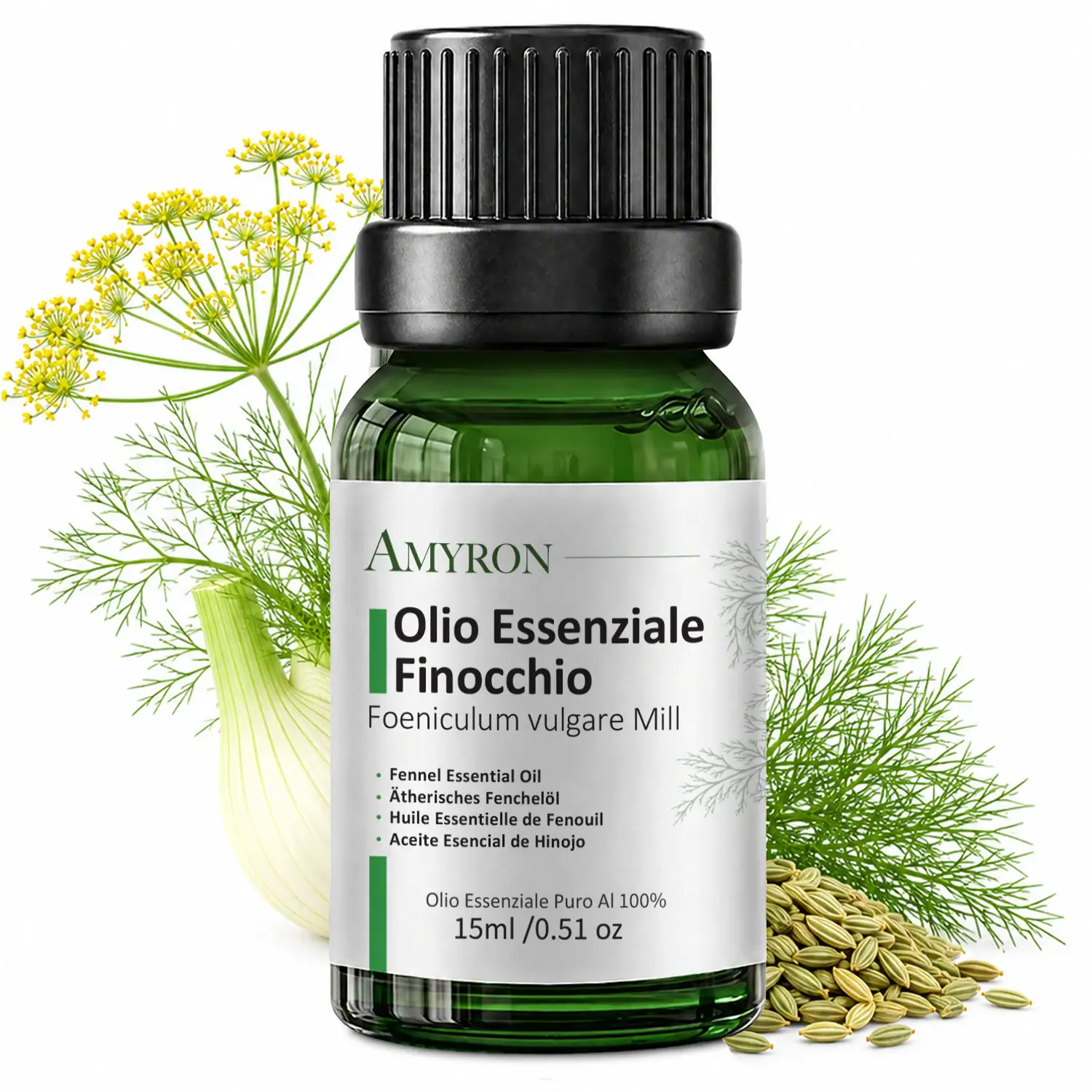 Flacone AMYRON di olio essenziale di finocchio dolce da 15 ml con fiori, bulbo e semi su sfondo bianco.