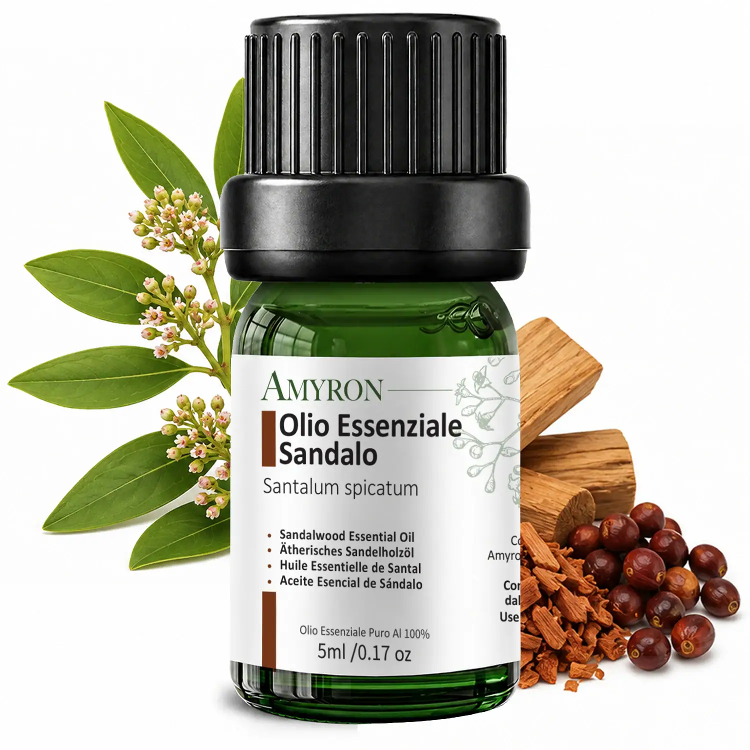 Flacone AMYRON di olio essenziale di sandalo australiano da 5 ml con foglie, fiori e pezzi di legno su sfondo bianco.