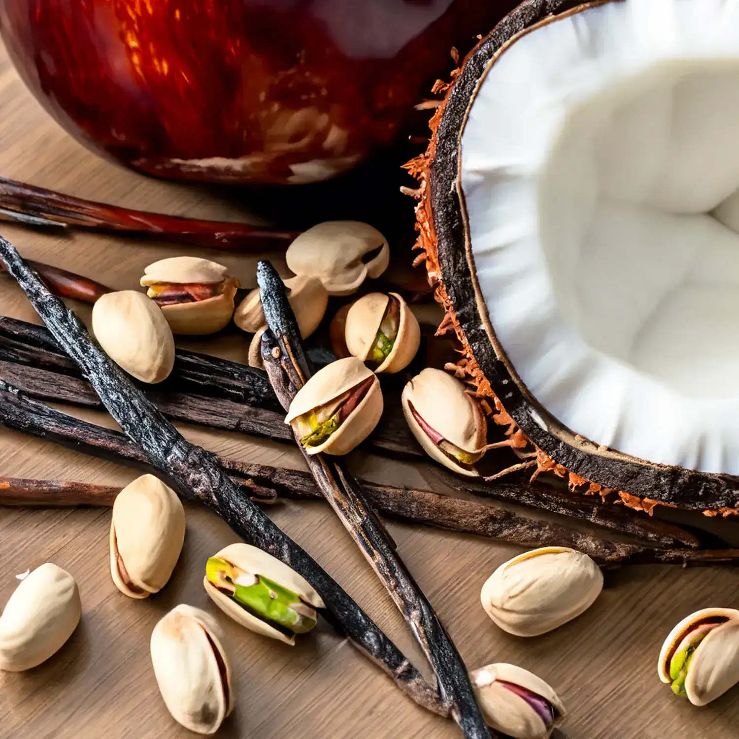 Close-up of salted pistachio nuts with a soft background, illustrating the gourmand nutty note in contemporary perfumes