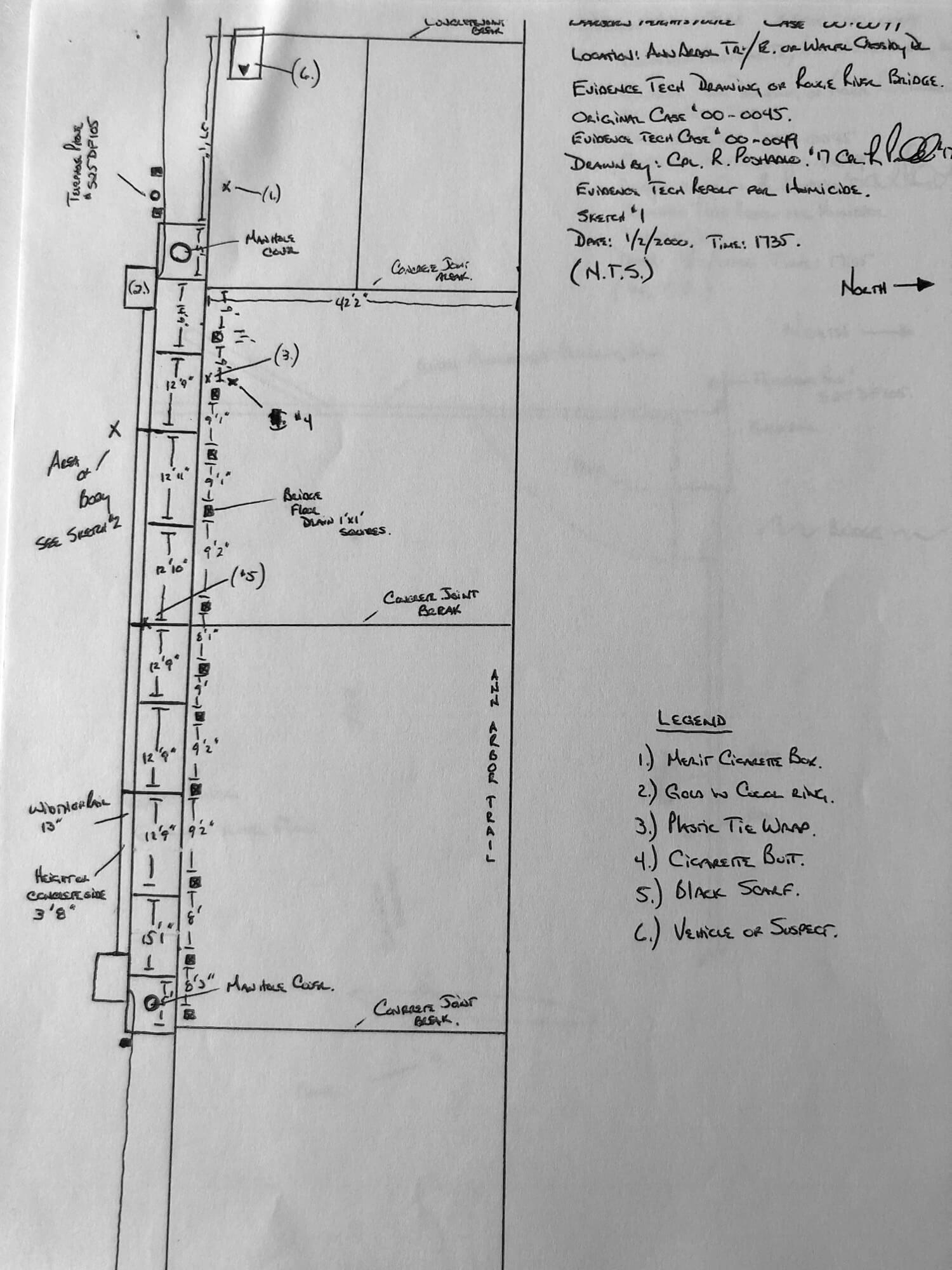 A Dearborn Heights PD sketch of the evidence collected the night Wendy Jordan was discovered at the bridge. Image: DHPD files.