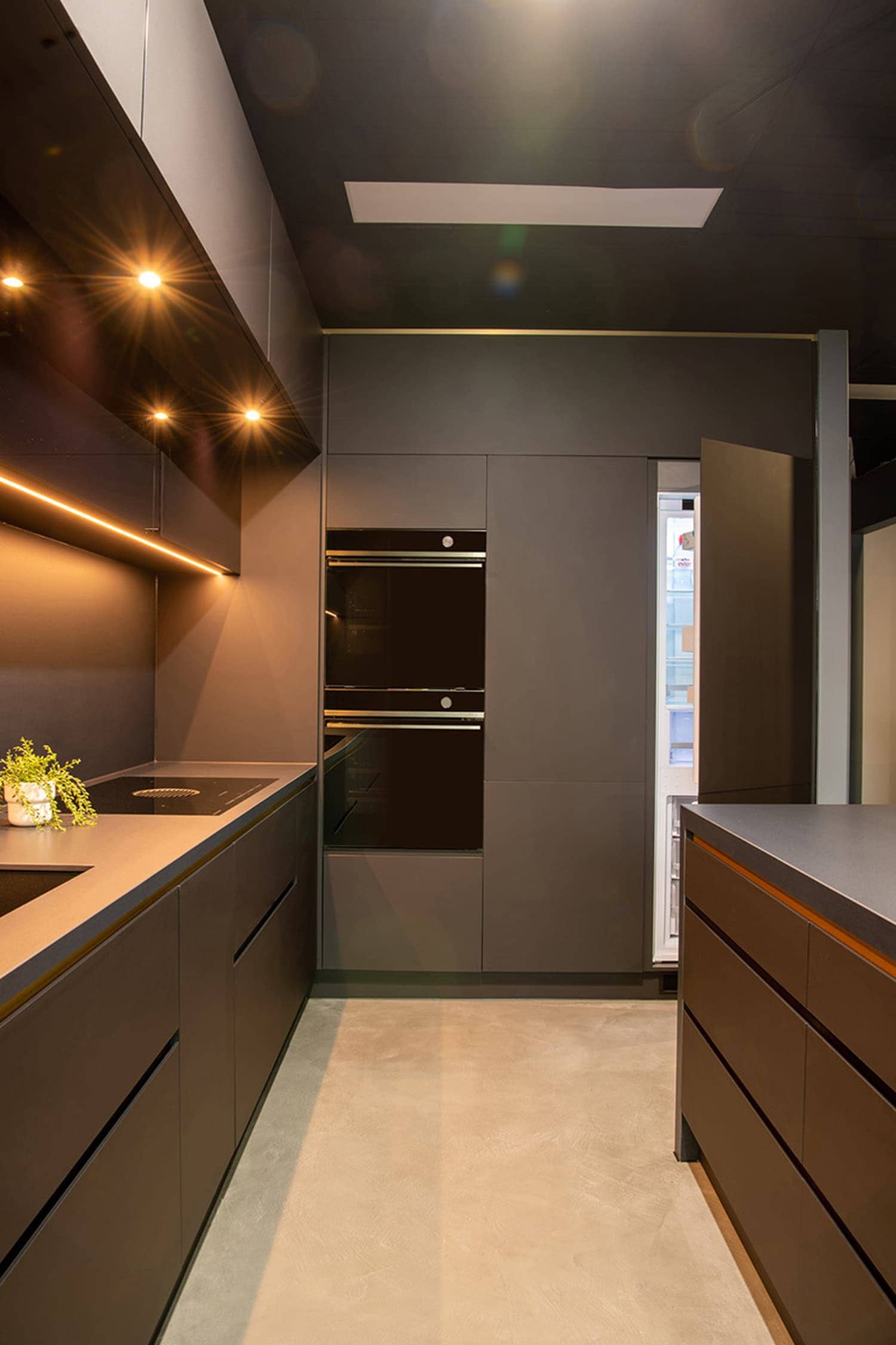 Dark charcoal modern kitchen with integrated wall ovens and hidden fridge pantry.