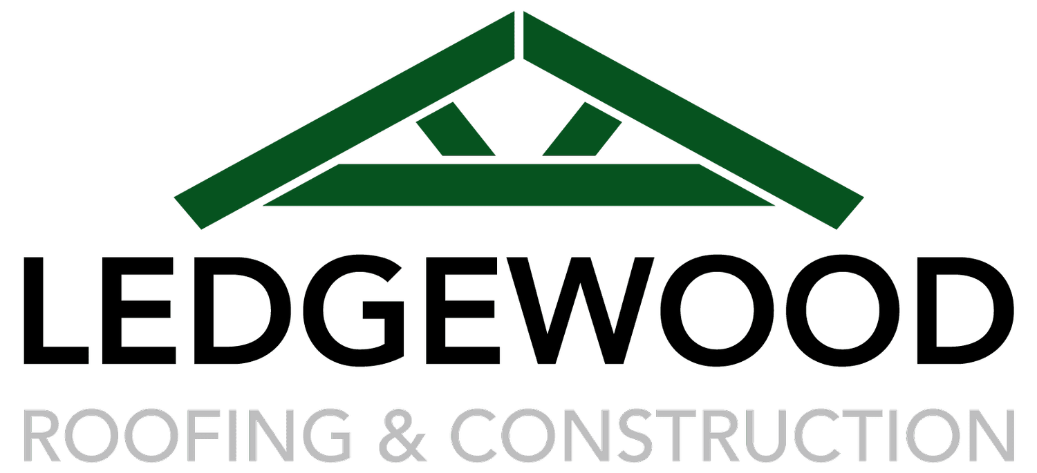 Logo for Ledgewood Roofing & Construction, featuring a green stylized roof above bold black LEDGEWOOD text, with ROOFING & CONSTRUCTION in light gray beneath.