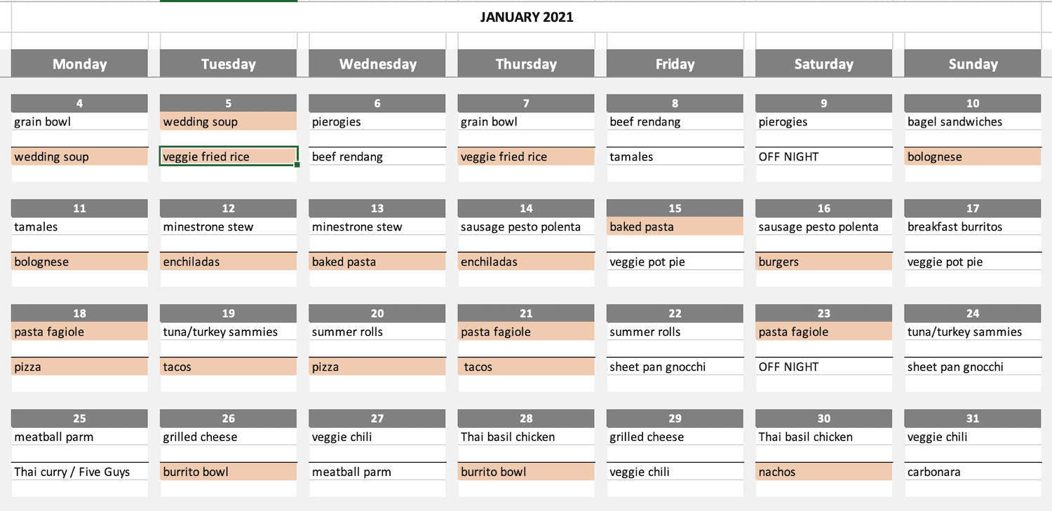 filling out a monthly meal plan