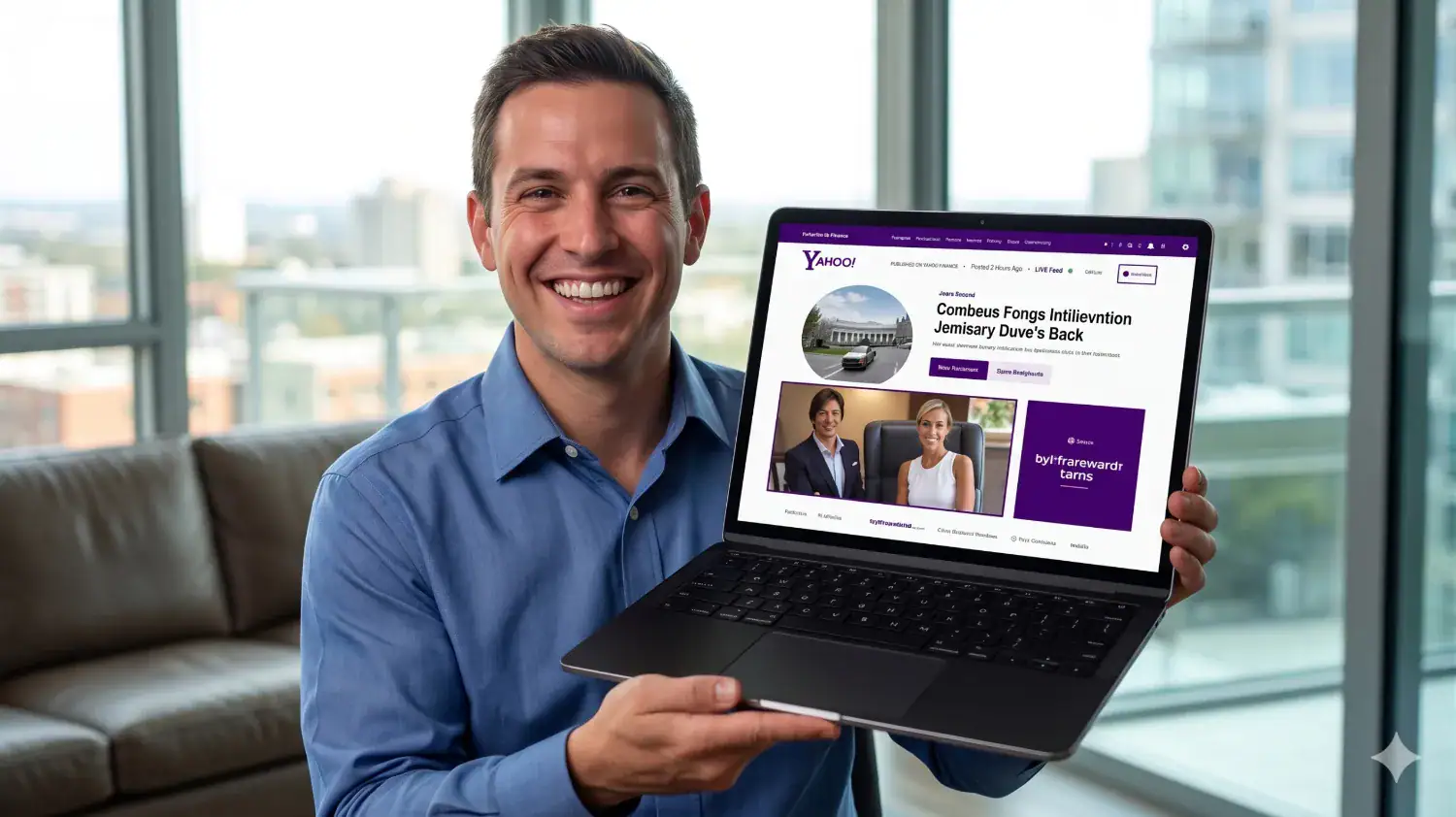 Best PR agency in Reading: a Berkshire founder smiling as he shows his published press coverage on a laptop