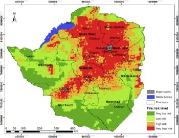Map of Zimbabwe showing fire risk levels across regions with color coding.