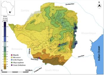 Map of Zimbabwe showing rainfall zones and hazard risk areas.