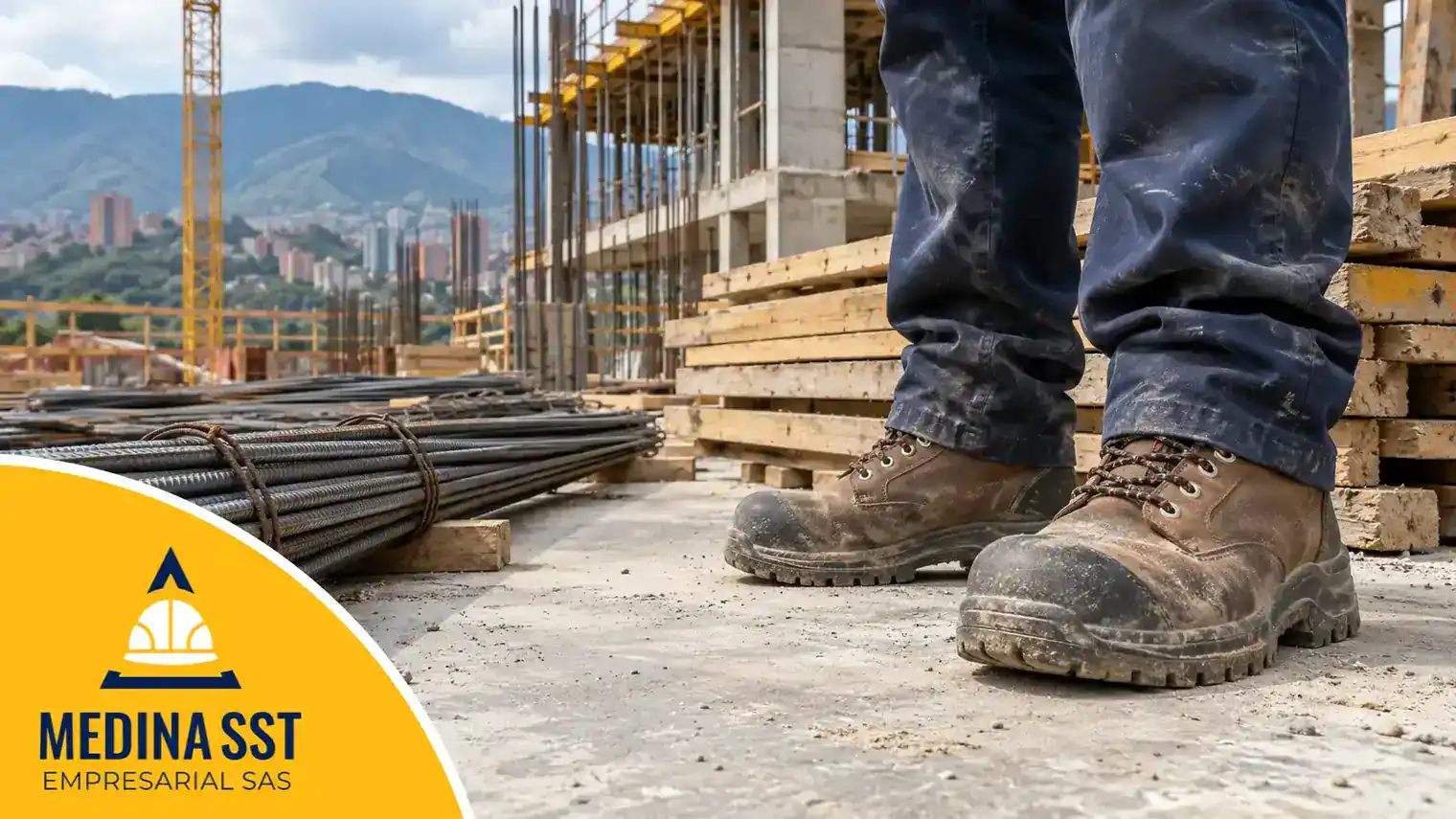 Botas con puntera de seguridad de cuero café con suela labrada, de un trabajador de construcción de pie sobre una placa de concreto junto a tablones de madera y varilla de acero