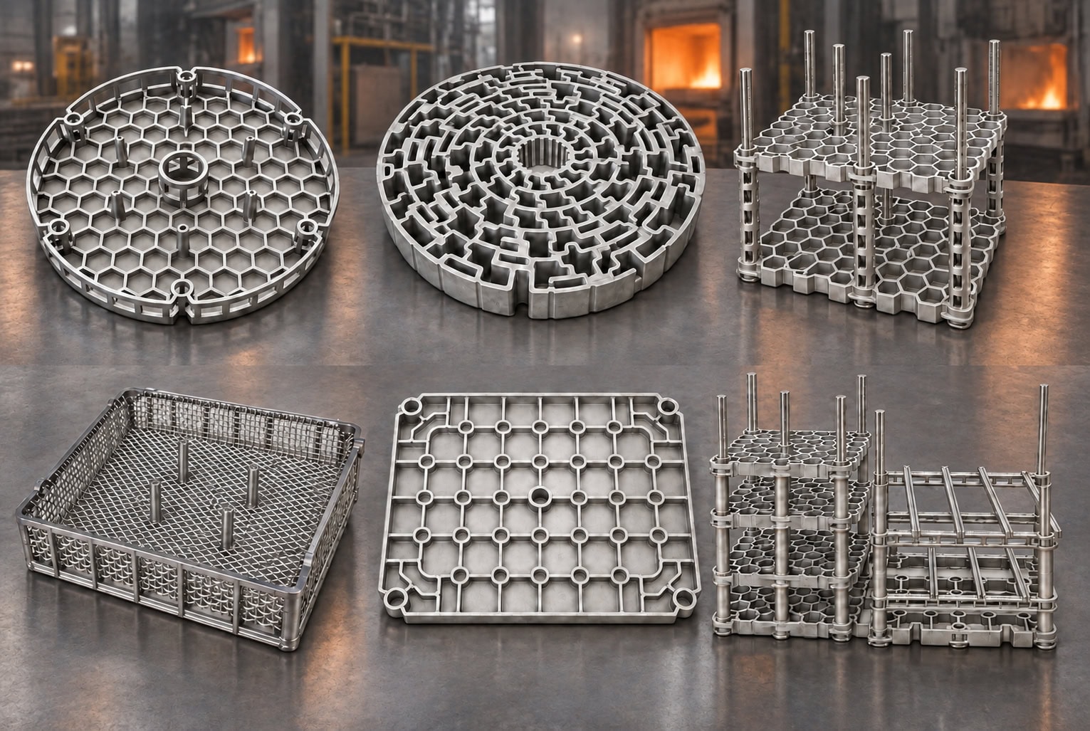 Heat treatment fixtures and furnace components in a factory workshop