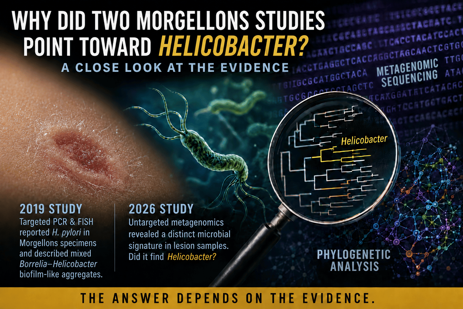 Scientific featured image comparing a 2019 targeted Morgellons biofilm study with a 2026 metagenomic analysis, featuring a hypopigmented lesion with fine fibers, Helicobacter imagery, and a phylogenetic tree.