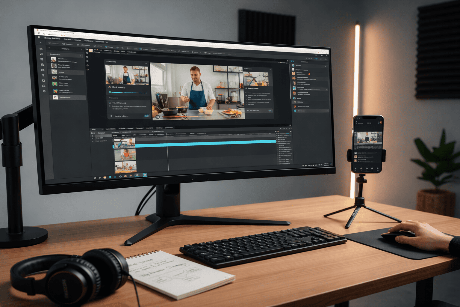 A creator editing a horizontal TikTok video on a large desktop monitor with a smartphone on a tripod for multi-screen optimization.