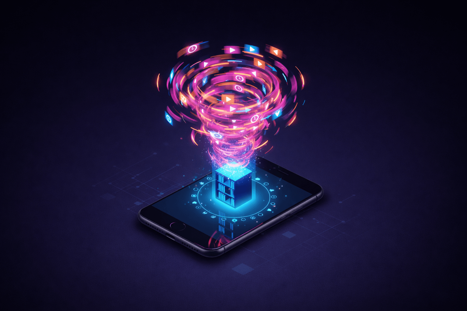 A conceptual 3D graphic showing a chaotic whirlwind of video icons being filtered into a stable, glowing digital library on a smartphone screen, illustrating how the TikTok algorithm converts fast scrolling into deep engagement.