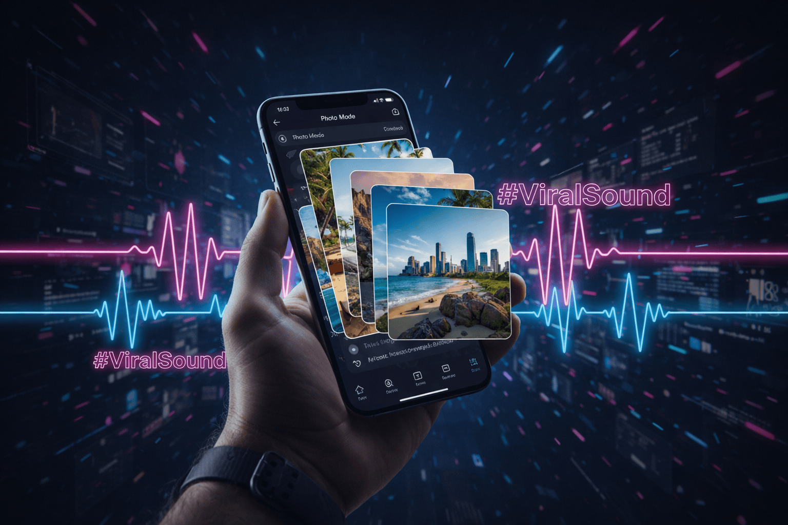 A smartphone screen displaying a TikTok Photo Mode carousel with pink soundwaves in the background and #ViralSound hashtags.