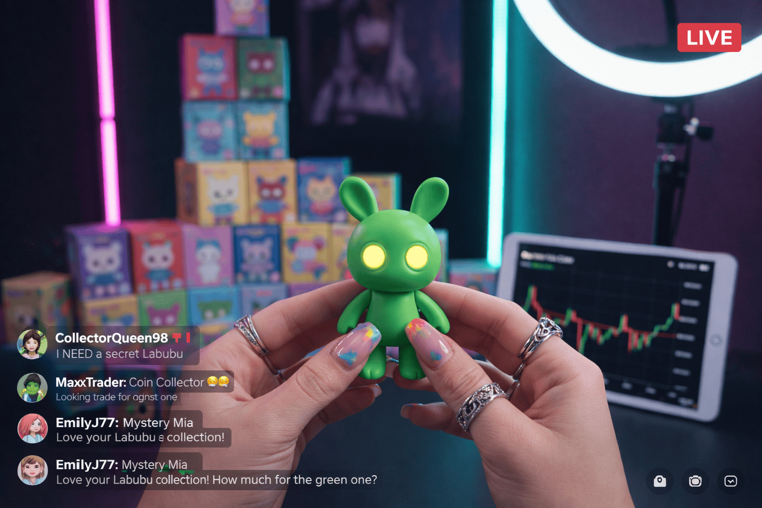 A creator's hands holding a green Labubu figure in front of a shelf filled with colorful Pop Mart blind boxes.