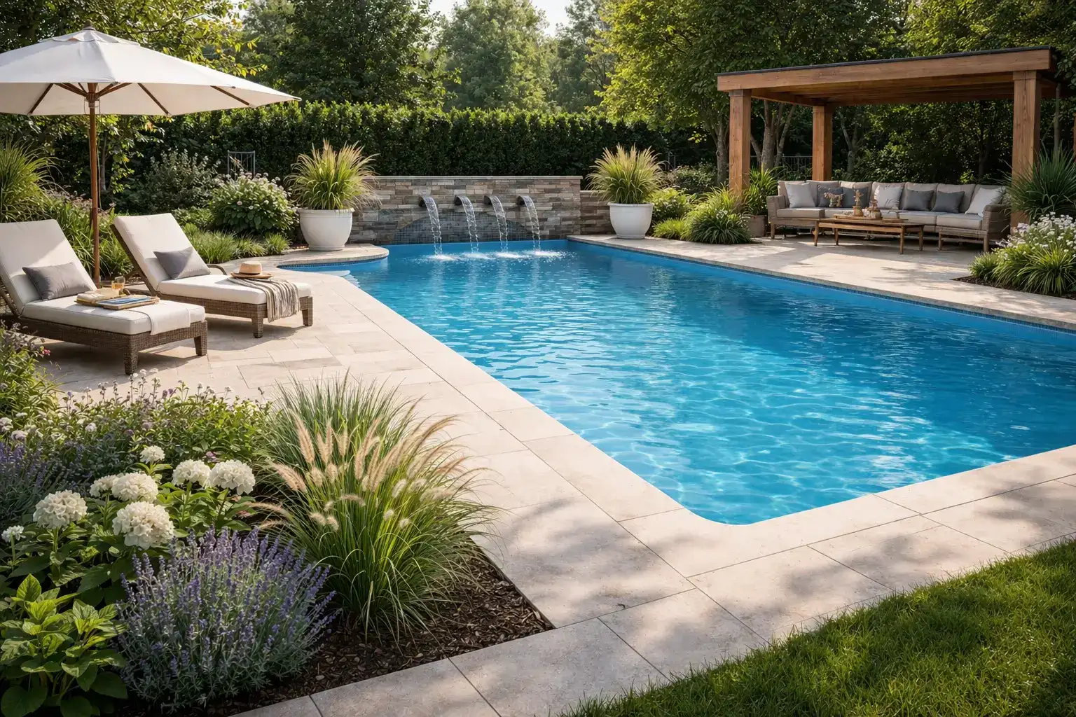 Piscine en béton sur mesure avec cascade et margelles en pierre. Aménagement extérieur avec pergola en bois, dans le Haut-Rhin