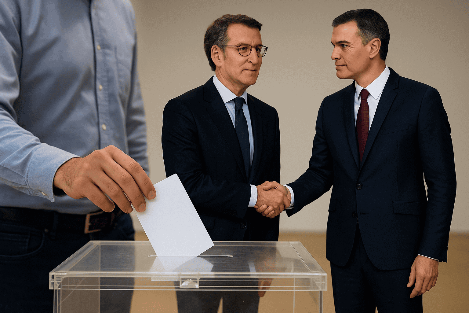 sanchezy feijóo se dan la mano de complices mientras el ciudadano vota